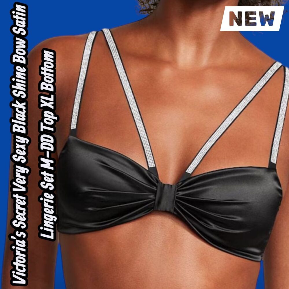🔴NEW NWT Victoria’s Secret Very Sexy Black Shine Bow Satin Lingerie Set M-DD Top - Picture 3 of 11